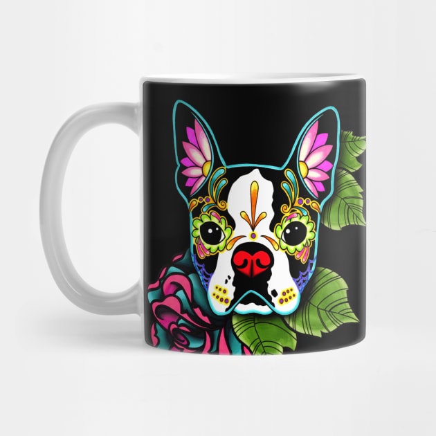 Boston Terrier in Black - Day of the Dead Sugar Skull Dog by prettyinink